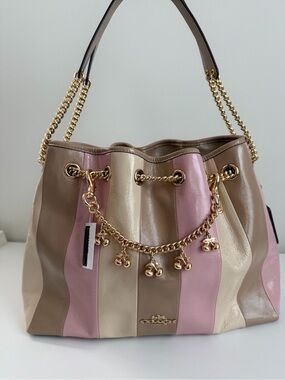 Coach Striped Leather Shoulder Bag in Pink & Taupe & Cream